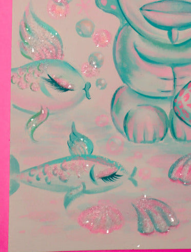 Mint and Pink Tiki Mermaid • Original Drawing 9x12