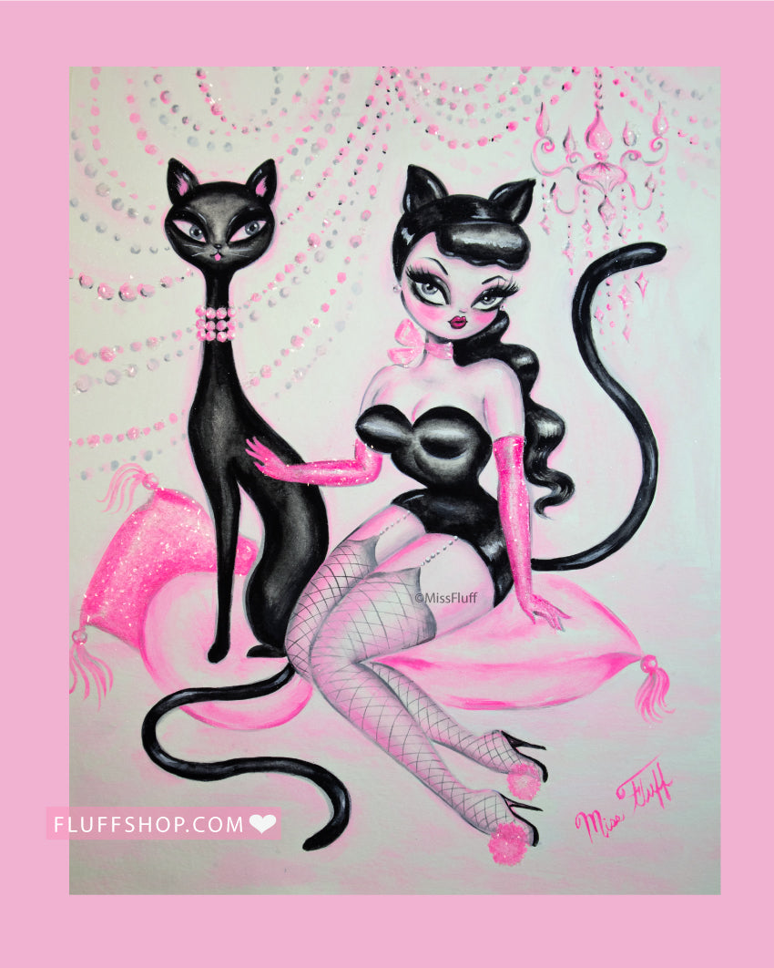 Raven Kitten Doll with Black Cat • Original Drawing 11x14-Unframed