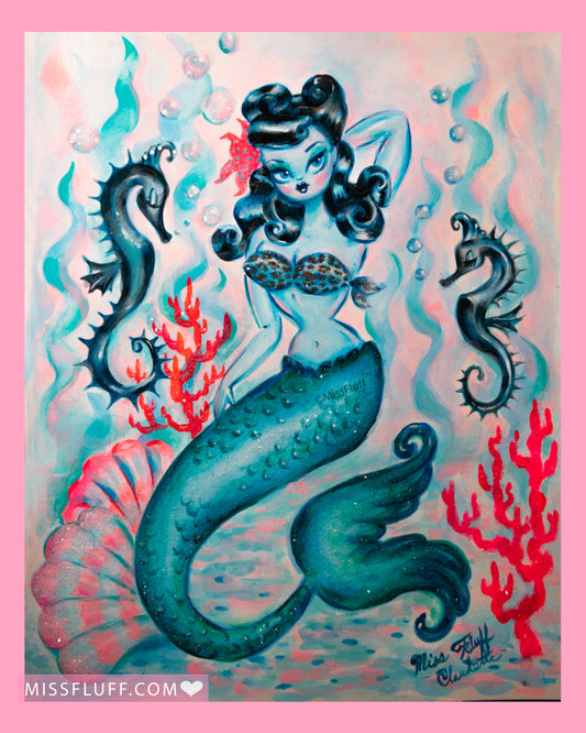 Raven Hair Mermaid with Victory Rolls and Seahorses- Original 11x14