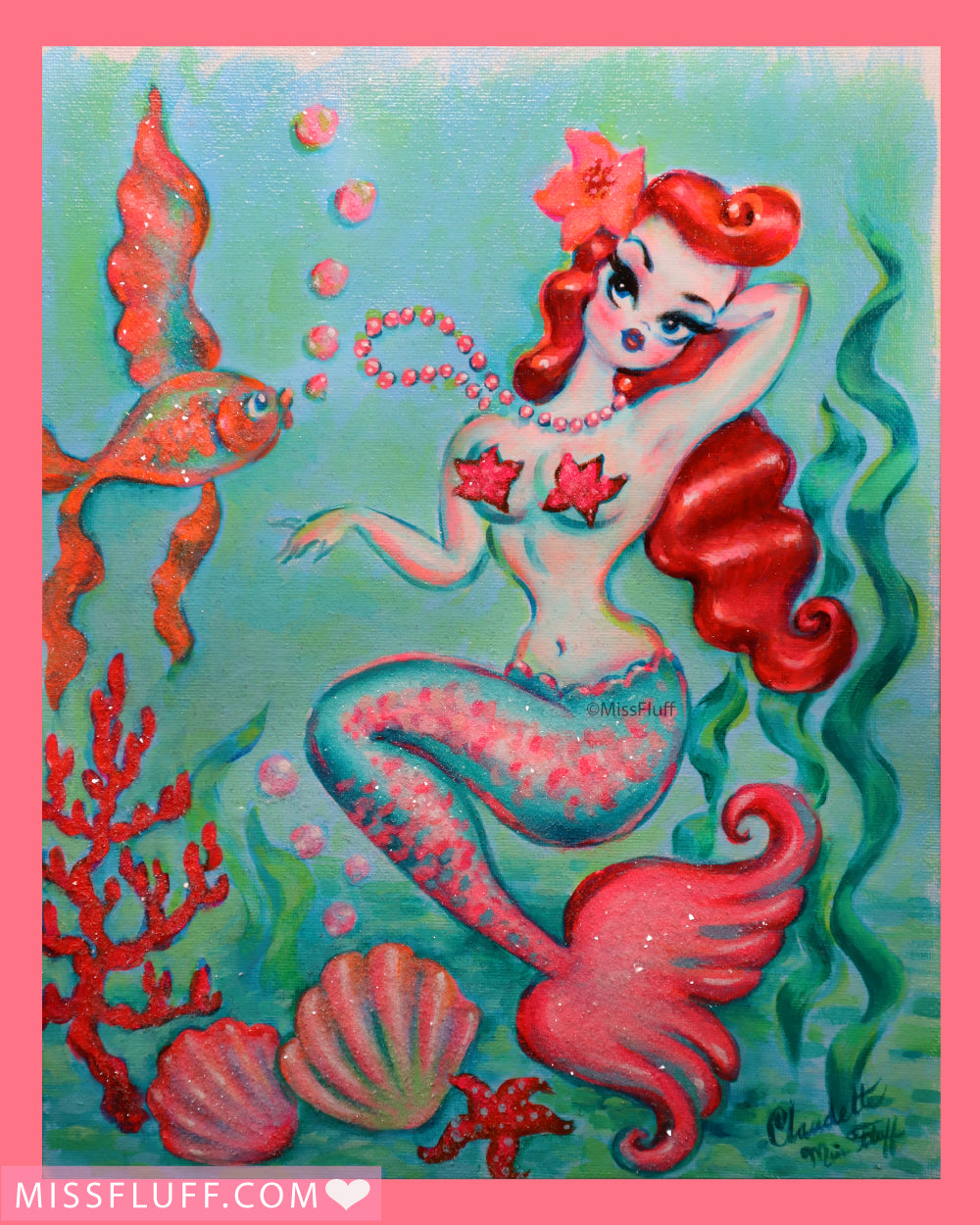 Redhead Mermaid with Pearl Necklace and Goldfish- Original Painting 11x14
