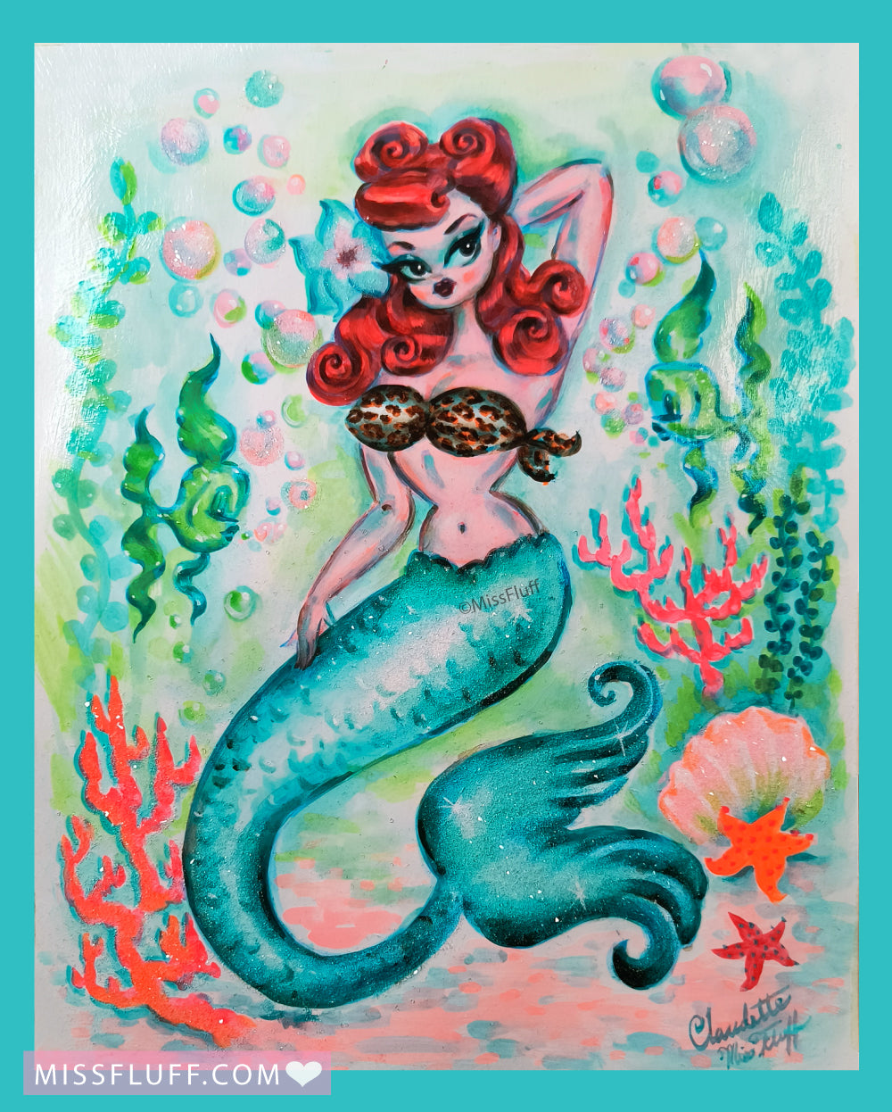 Redhead Mermaid with Victory Rolls and Hibuscus- Original 11x14