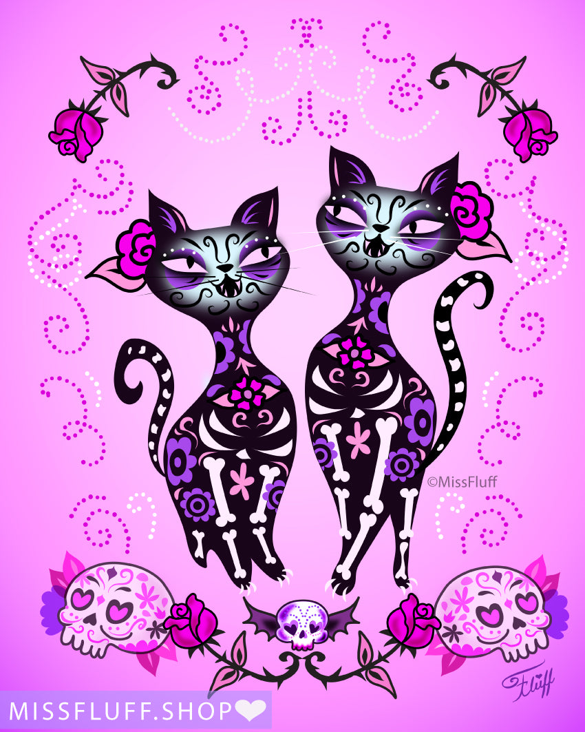 Sugar Skull Cats Violet • Art Print
