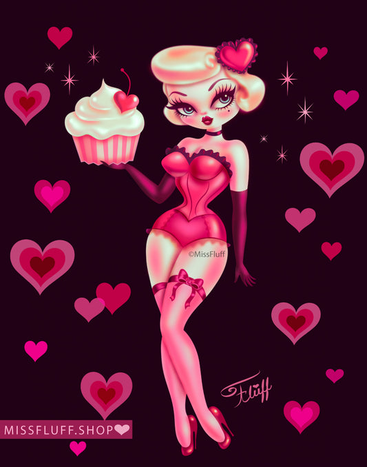 Sweetheart Cupcake Doll with Hearts • Art Print