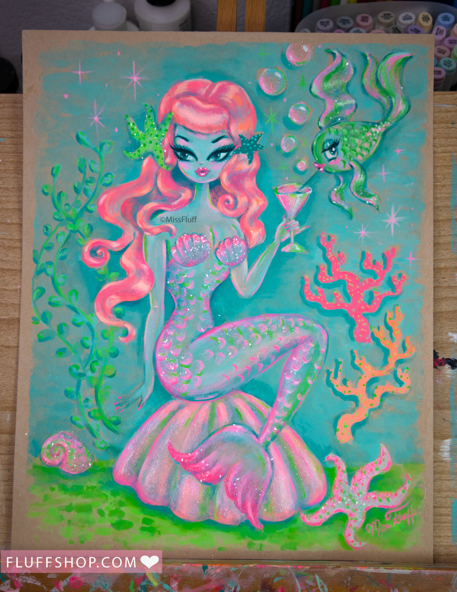 Tangerine Hair Mermaid on a Shell • Original Drawing 11x14