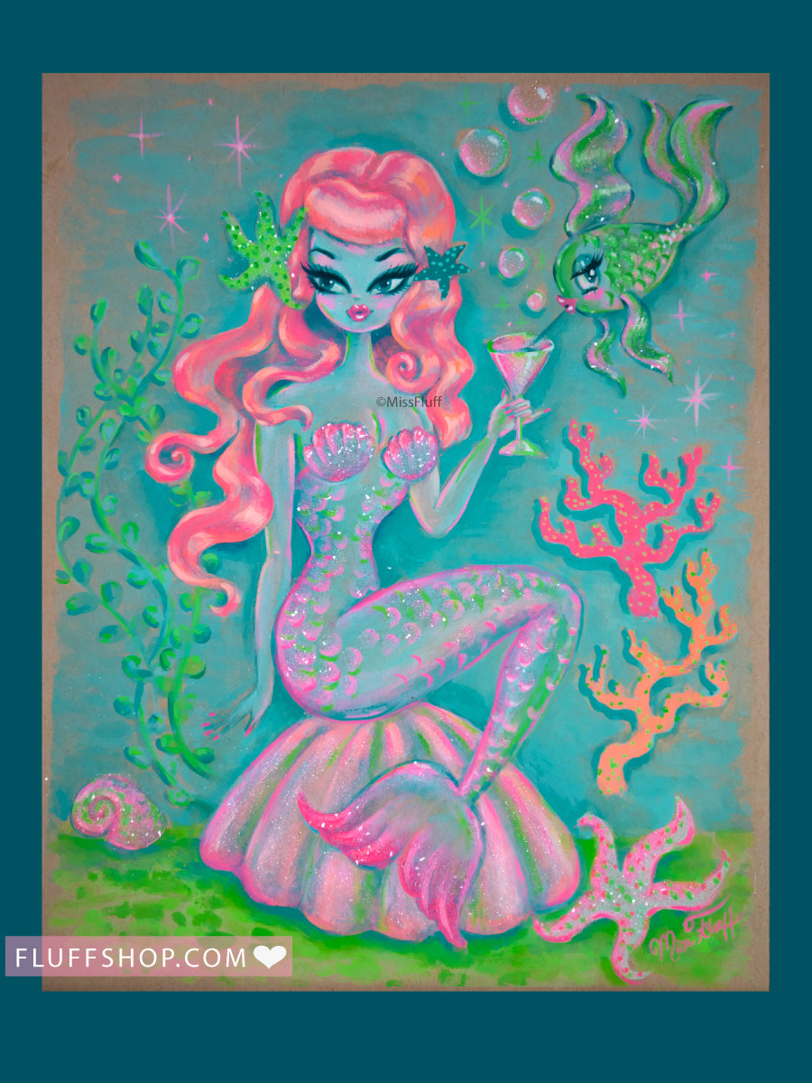 Tangerine Hair Mermaid on a Shell • Original Drawing 11x14