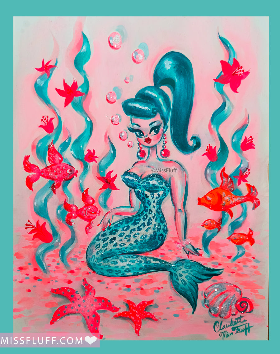 Teal Leopard Mermaid - Original Drawing 9x12