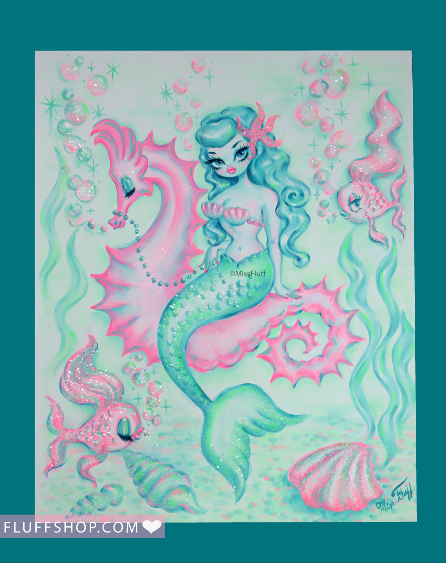 Turquoise Hair Mermaid on Pink Seahorse • Original Drawing 11x14