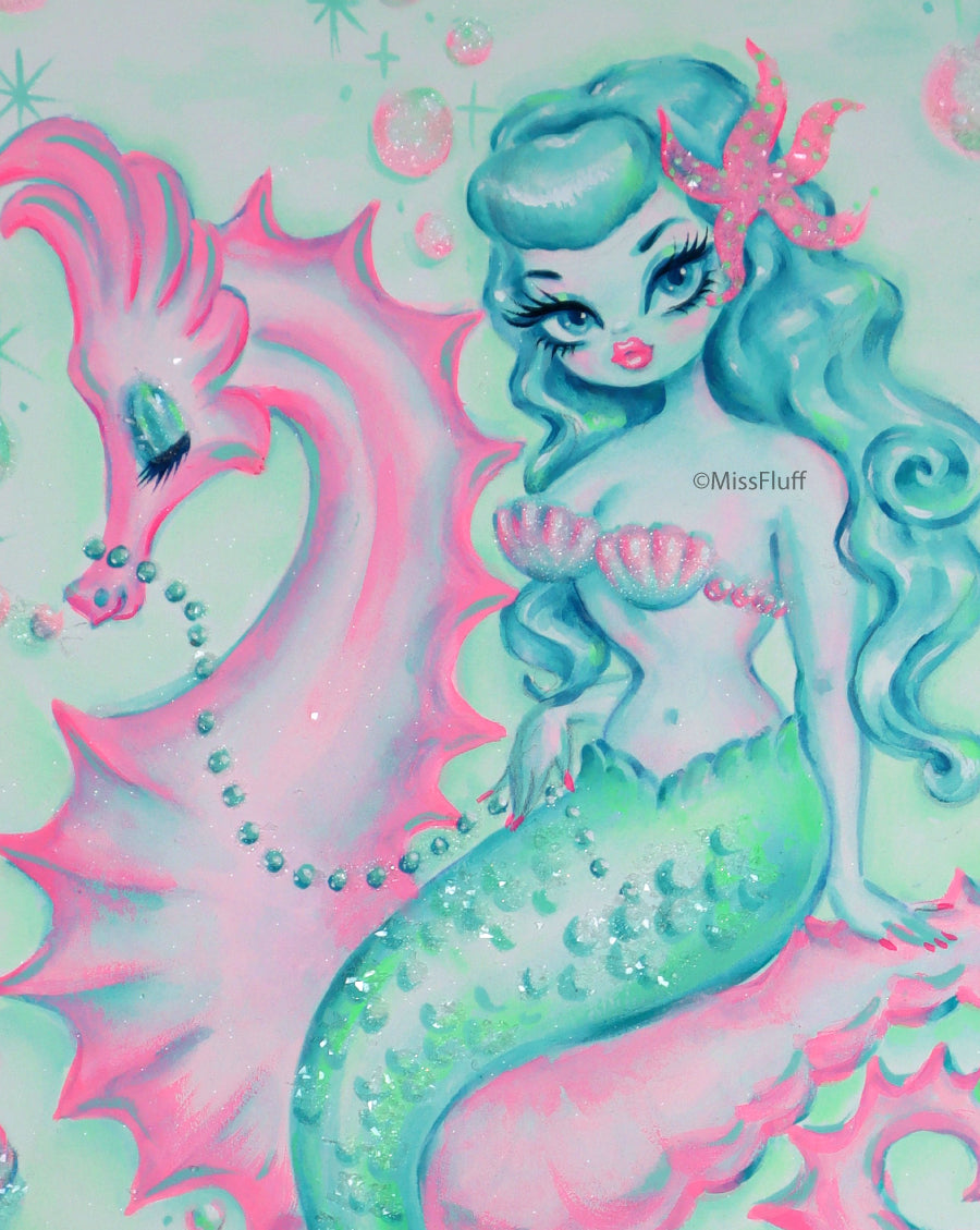 Turquoise Hair Mermaid on Pink Seahorse • Original Drawing 11x14