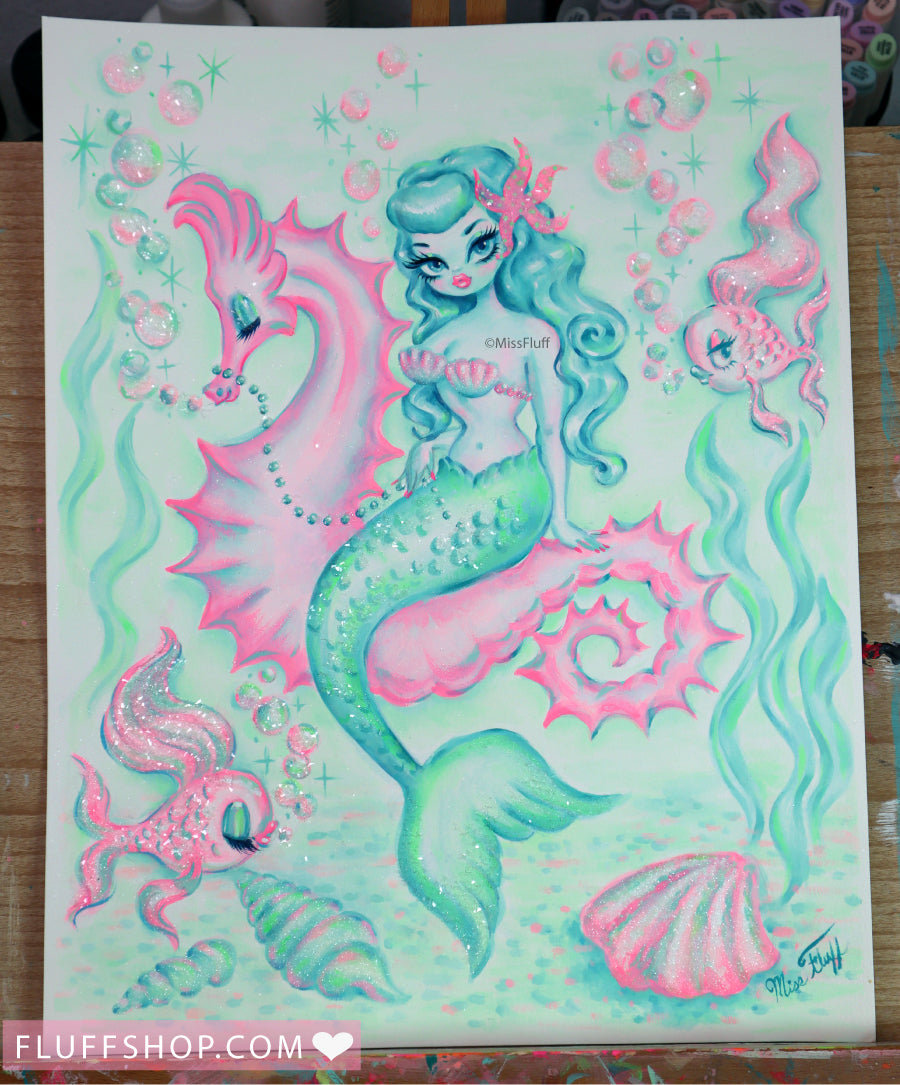 Turquoise Hair Mermaid on Pink Seahorse • Original Drawing 11x14