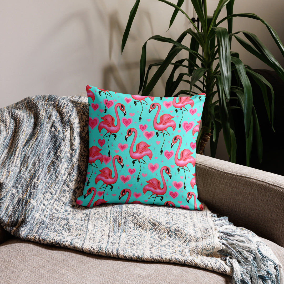 Flamingos and Hearts Aqua • Decor Pillow