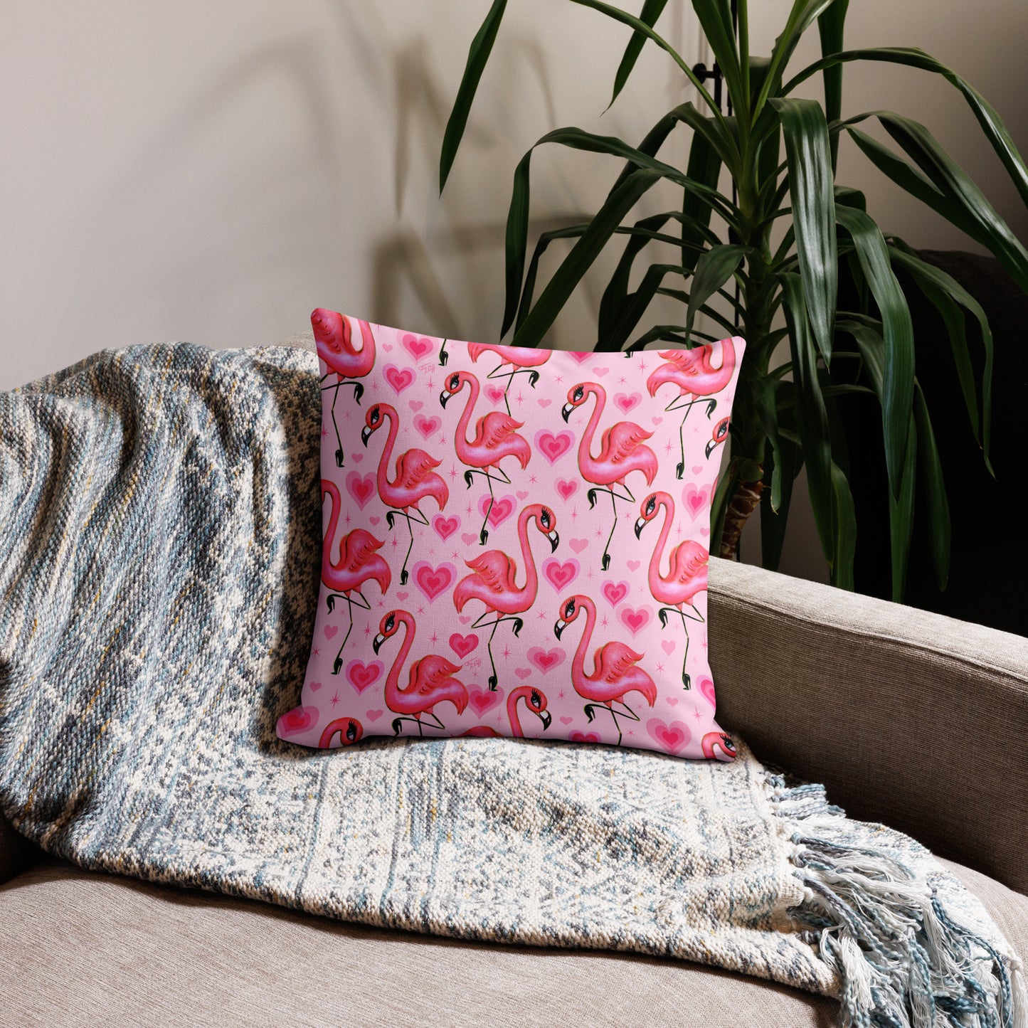 Flamingos and Hearts Pink • Decor Pillow