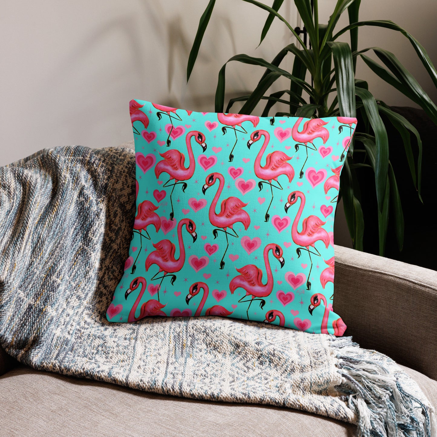 Flamingos and Hearts Aqua • Decor Pillow