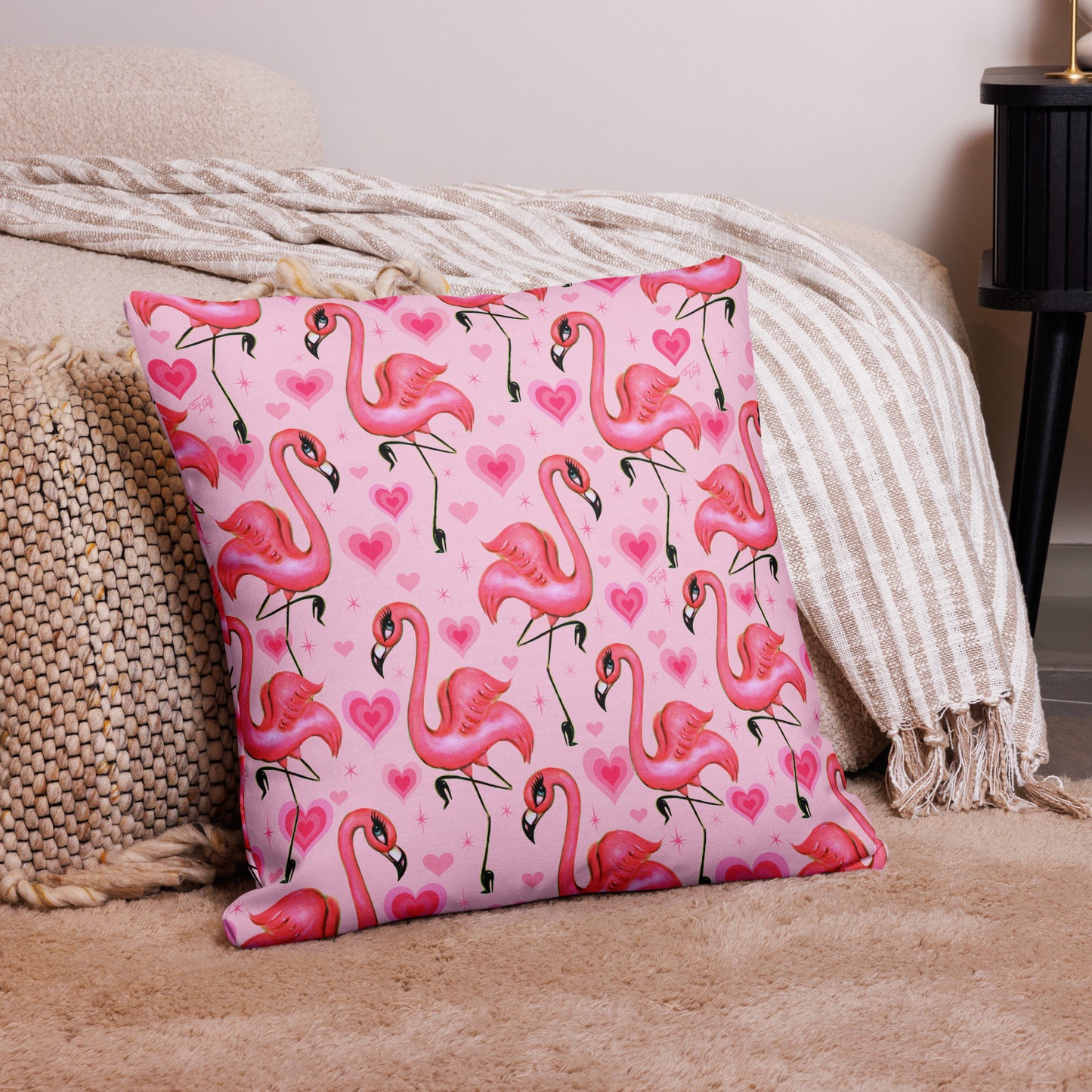 Flamingos and Hearts Pink • Decor Pillow