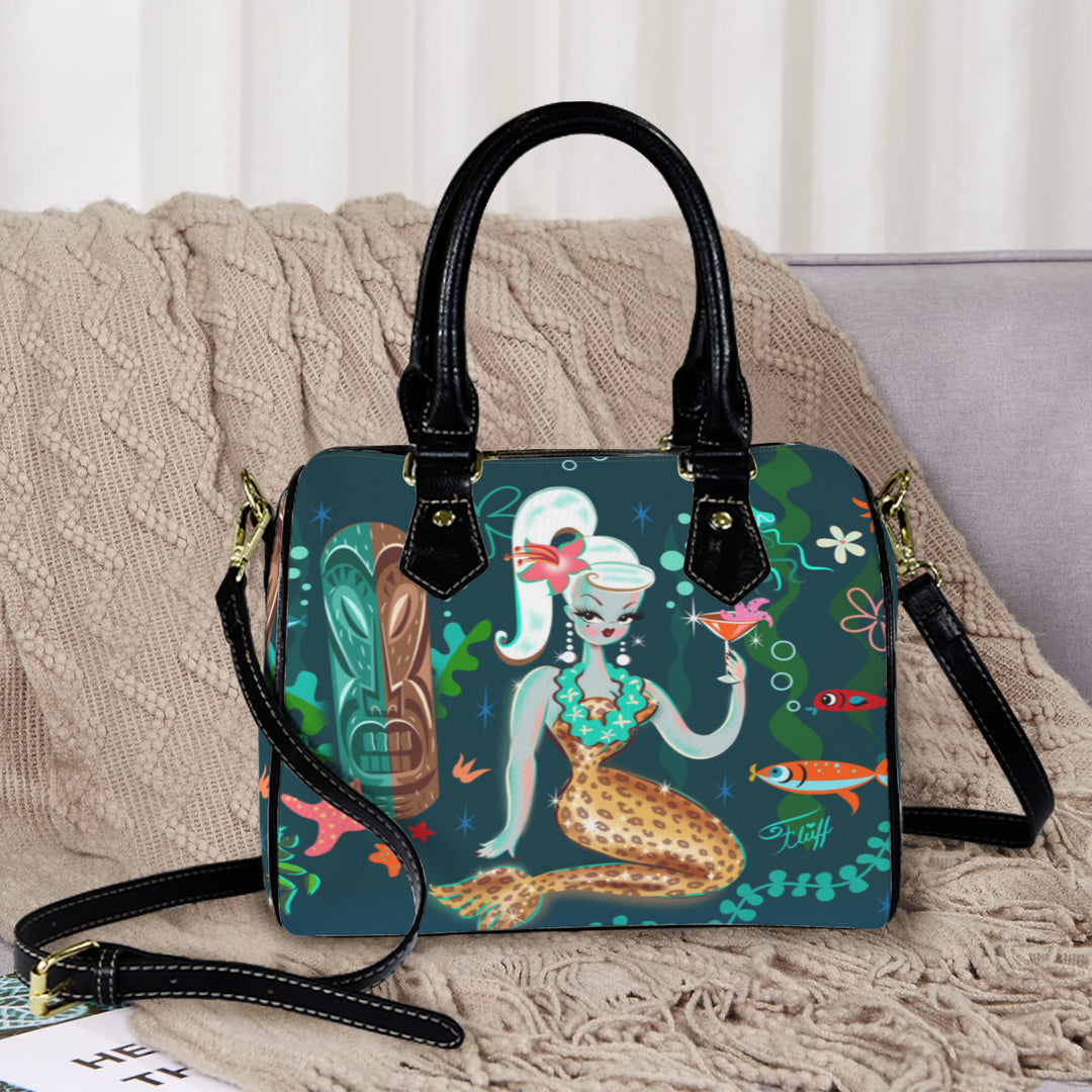 Blonde Leopard Martini Mermaid • Small Handbag with Shoulder Strap Black