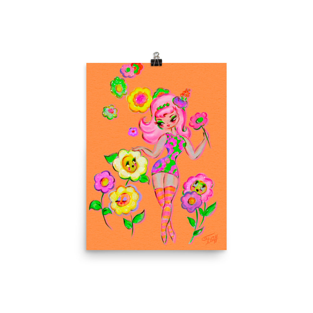 Mod Flower Pixie on Tangerine • Art Print