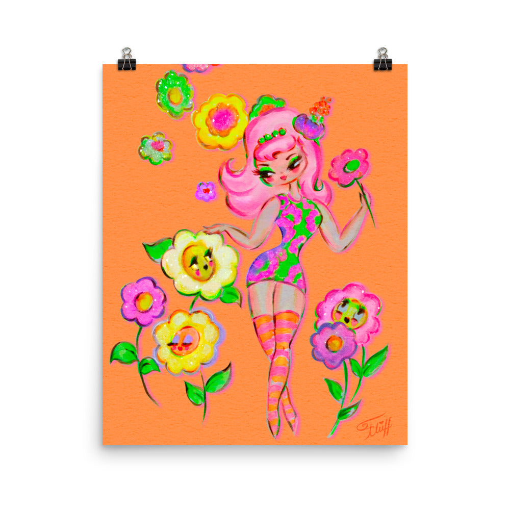 Mod Flower Pixie on Tangerine • Art Print