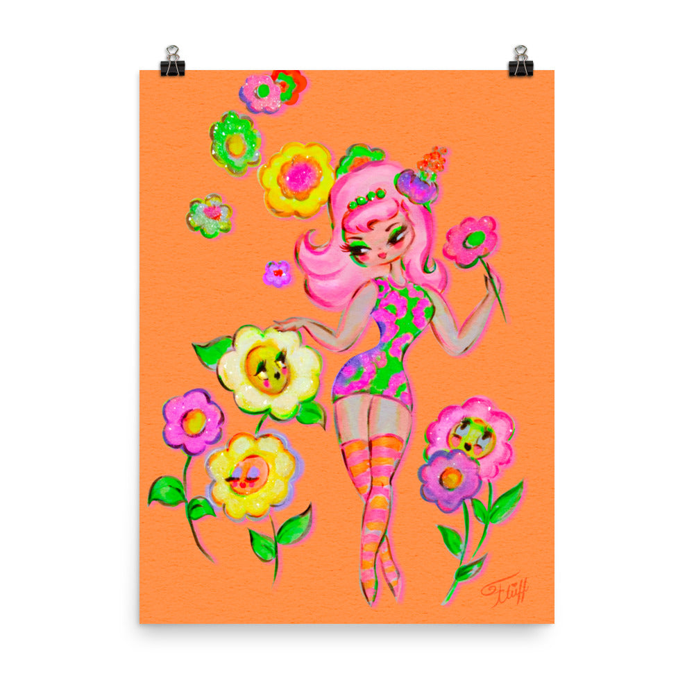 Mod Flower Pixie on Tangerine • Art Print