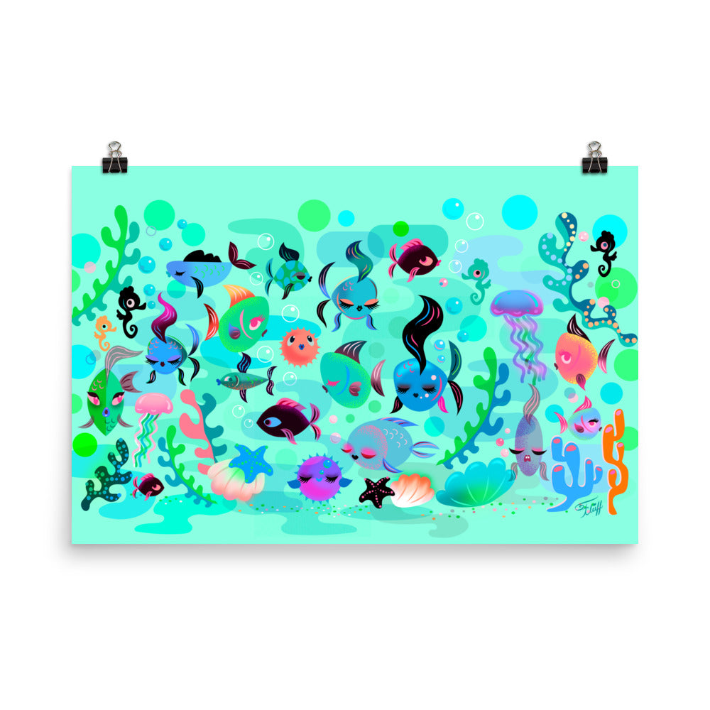 Mid Mod Fishies on Aqua • Art Print