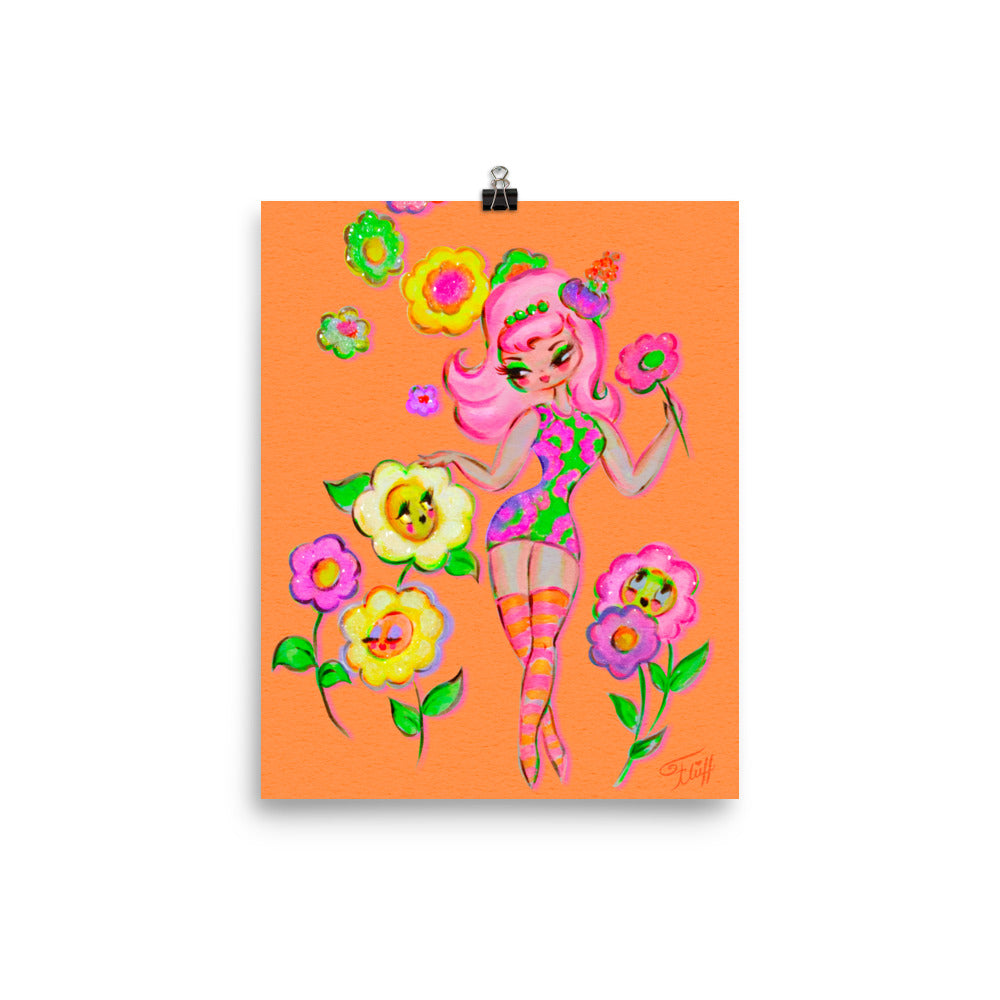 Mod Flower Pixie on Tangerine • Art Print