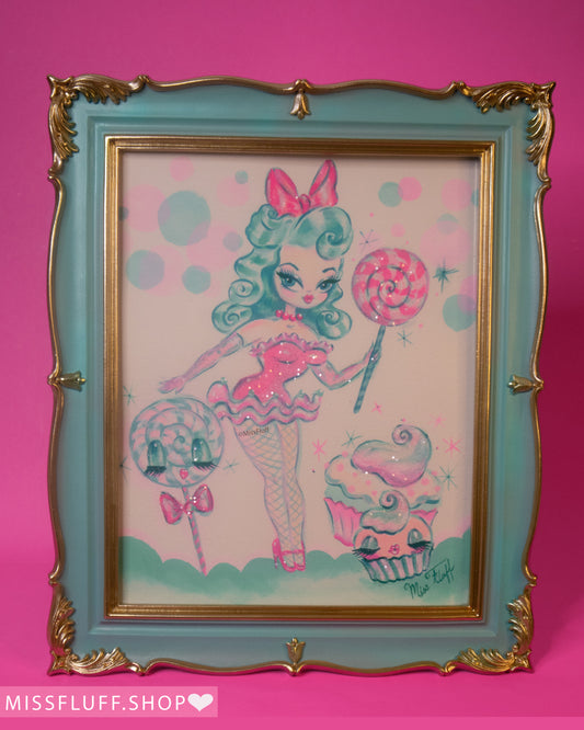 Lollipop Dolly with Mint Hair •  Original Framed Drawing 10 x12