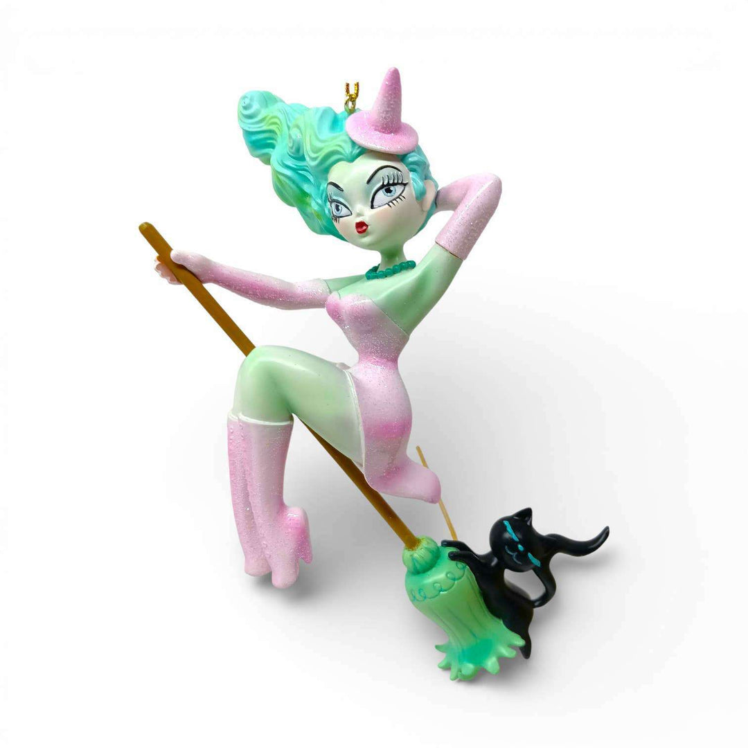 Loretta 6.5" Pastel Candy Witch on Broom Ornament