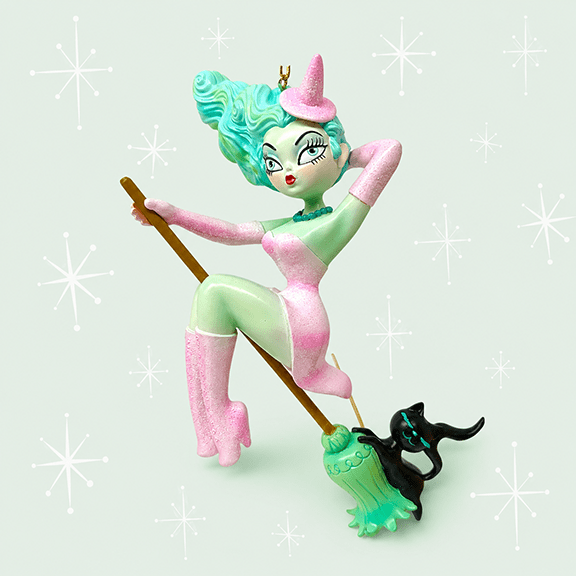 Loretta 6.5" Pastel Candy Witch on Broom Ornament
