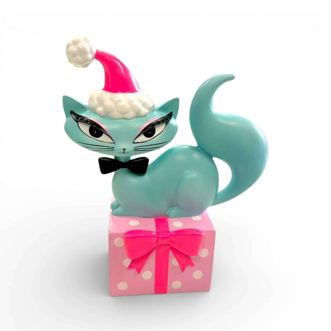 10" Teal Retro Swanky Christmas Kitty Figurine