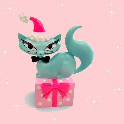 10" Teal Retro Swanky Christmas Kitty Figurine