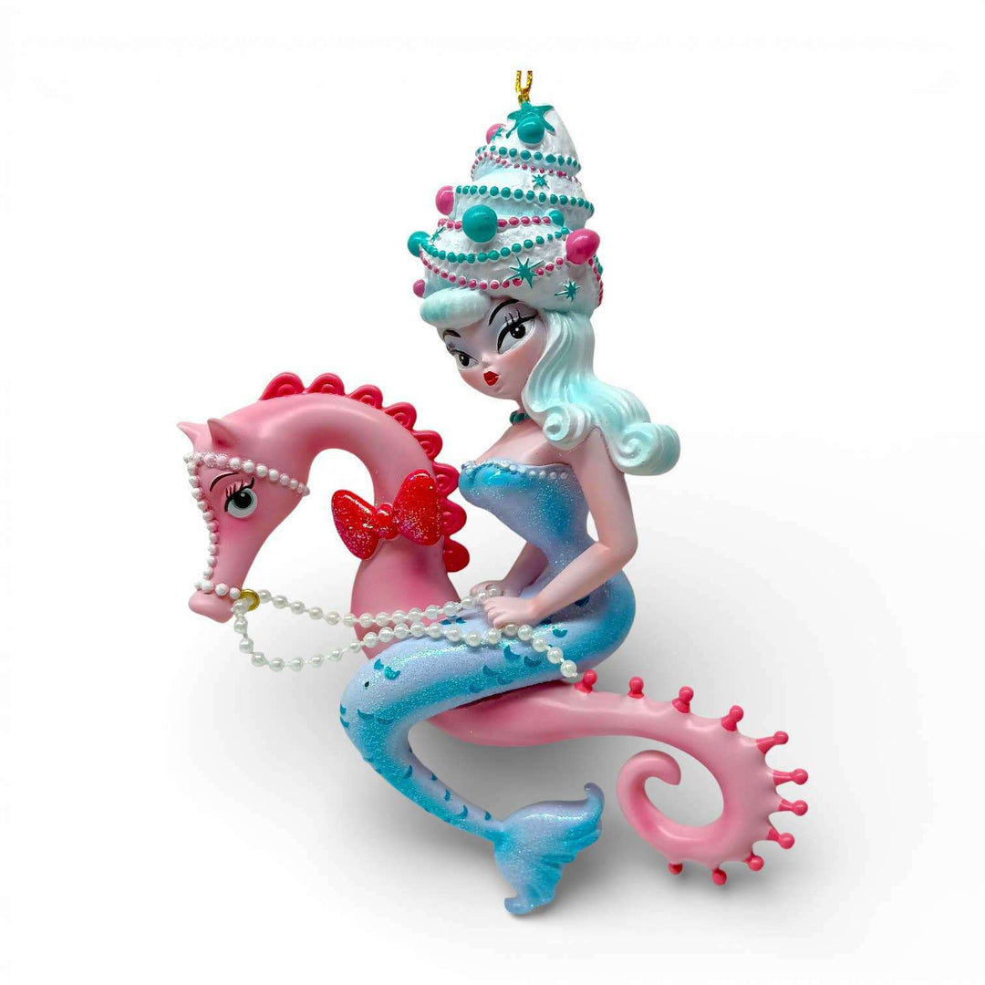 Nina Noelle 6.5" Blue Hair Bouffant Mermaid on Seahorse Ornament
