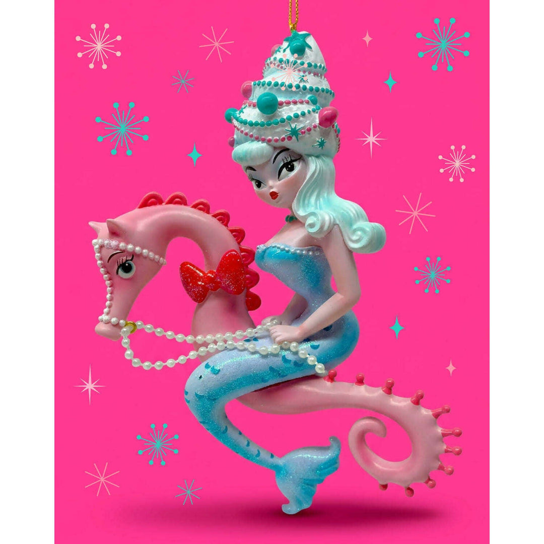 Nina Noelle 6.5" Blue Hair Bouffant Mermaid on Seahorse Ornament