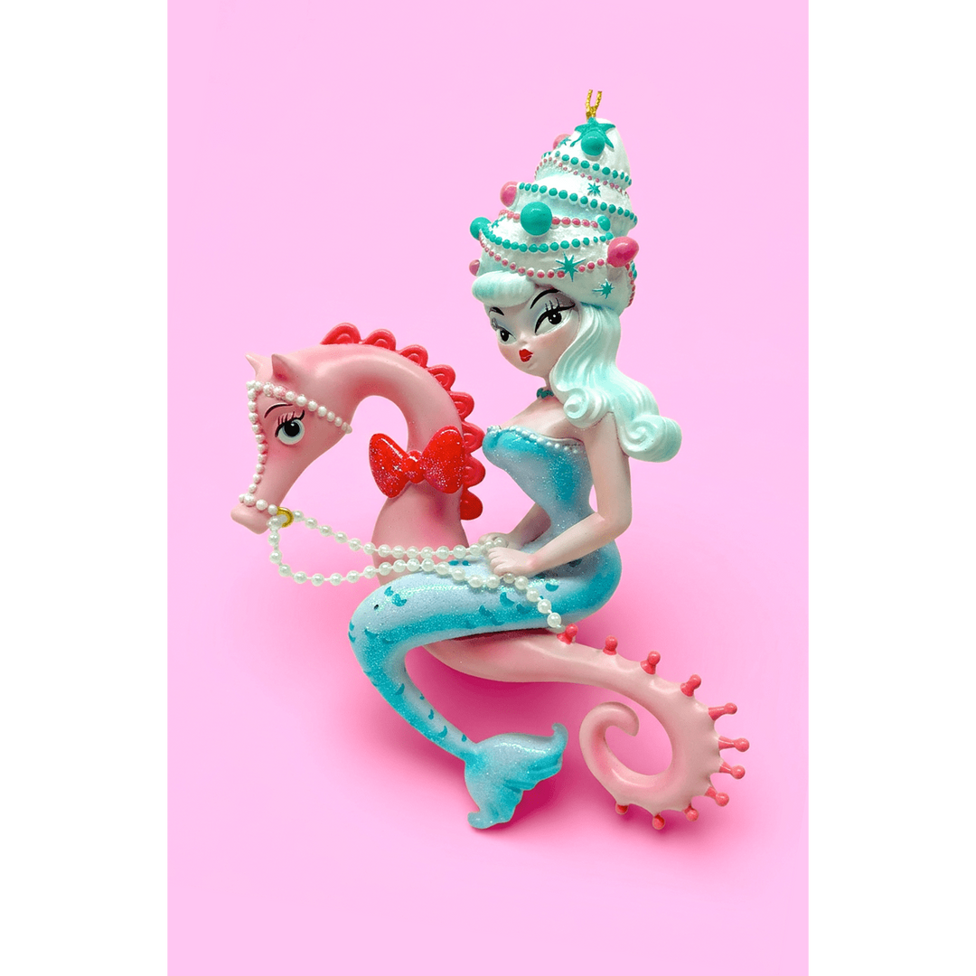 Nina Noelle 6.5" Blue Hair Bouffant Mermaid on Seahorse Ornament