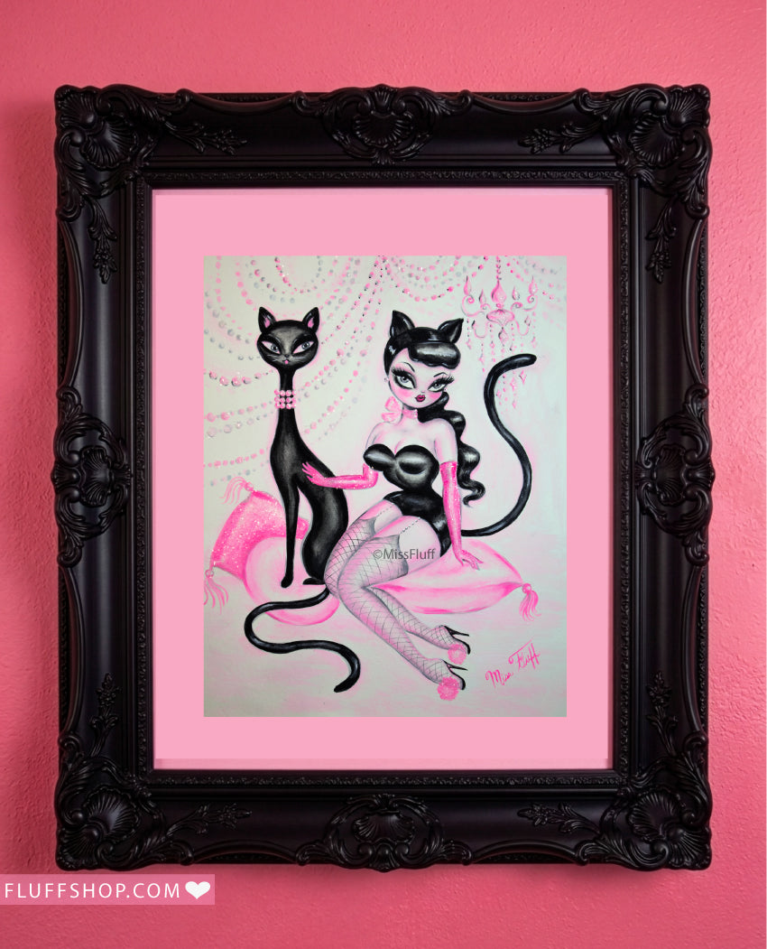 Raven Kitten Doll with Black Cat • Original Drawing 11x14-Unframed