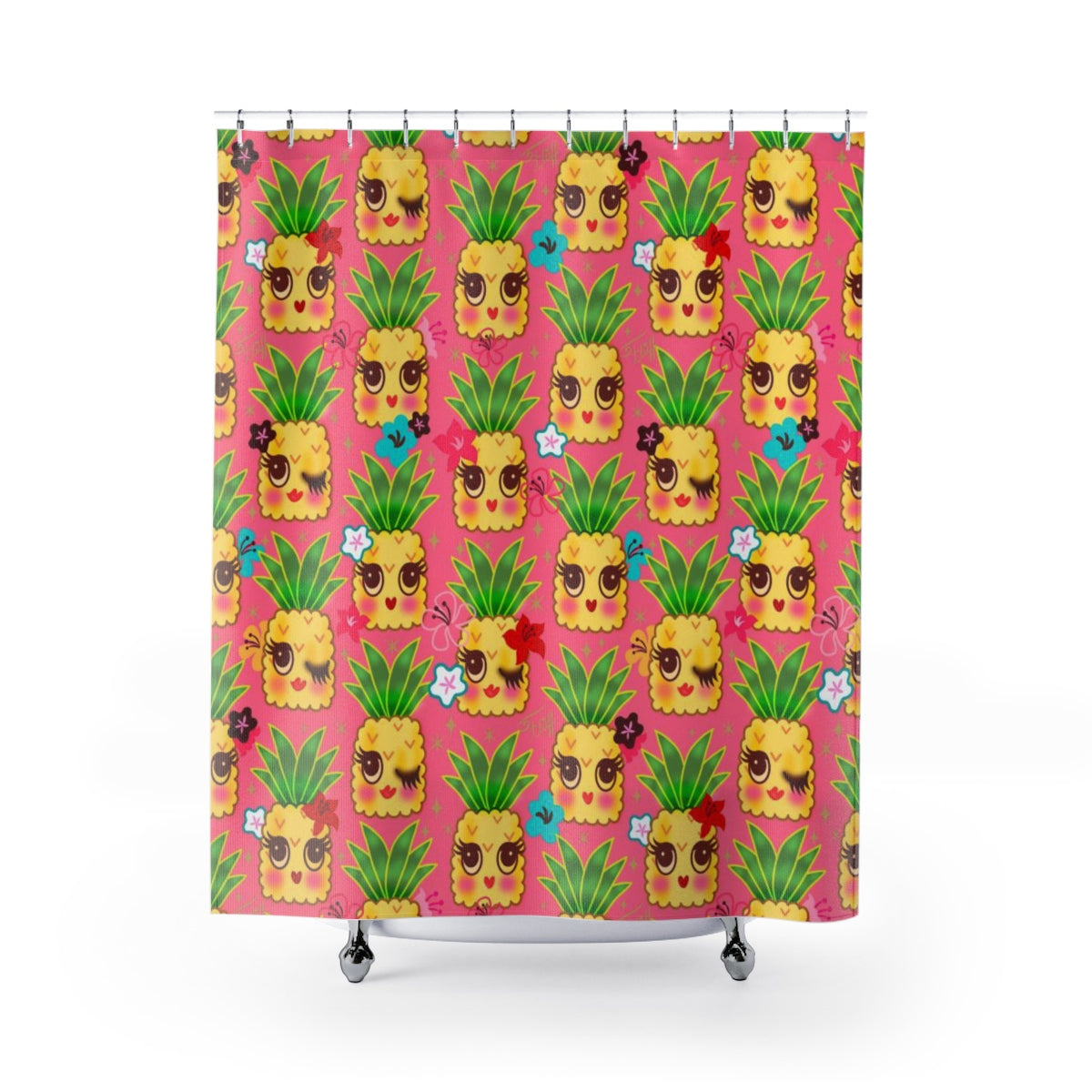 Happy Kawaii Cute Pineapples on Pink • Shower Curtain