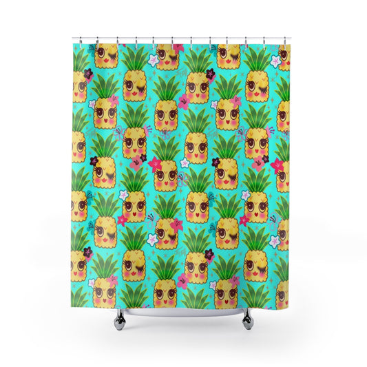 Happy Kawaii Cute Pineapples on Aqua • Shower Curtain