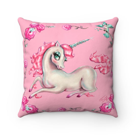 Unicorns and Roses on Pink • Square Pillow