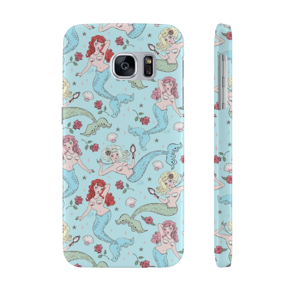 Mermaids and Roses on Aqua • Slim Phone Case