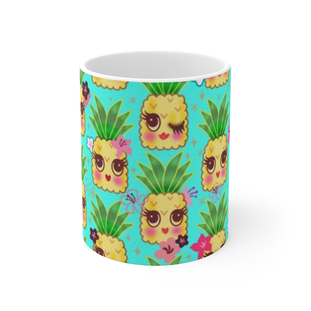 Happy Kawaii Cute Pineapples on Aqua • Mug 11oz