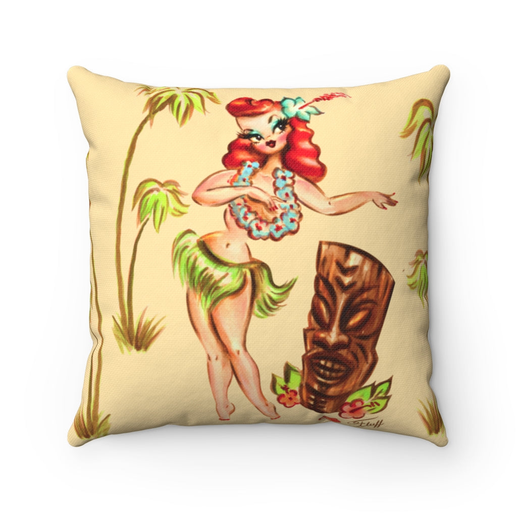 Redhead hula Girl with Tiki • Square Pillow