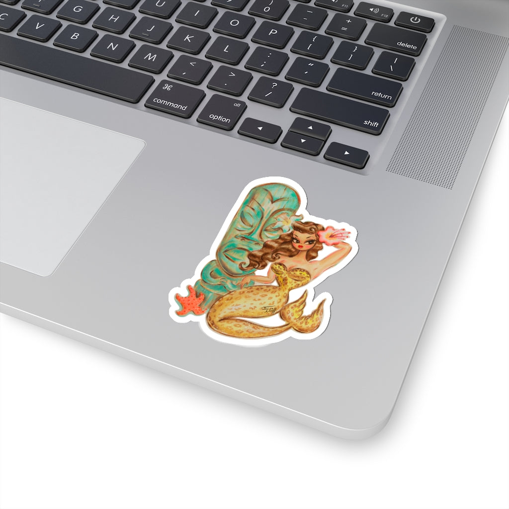 Leopard Brunette Mermaid with Teal Tiki • Kiss-Cut Sticker