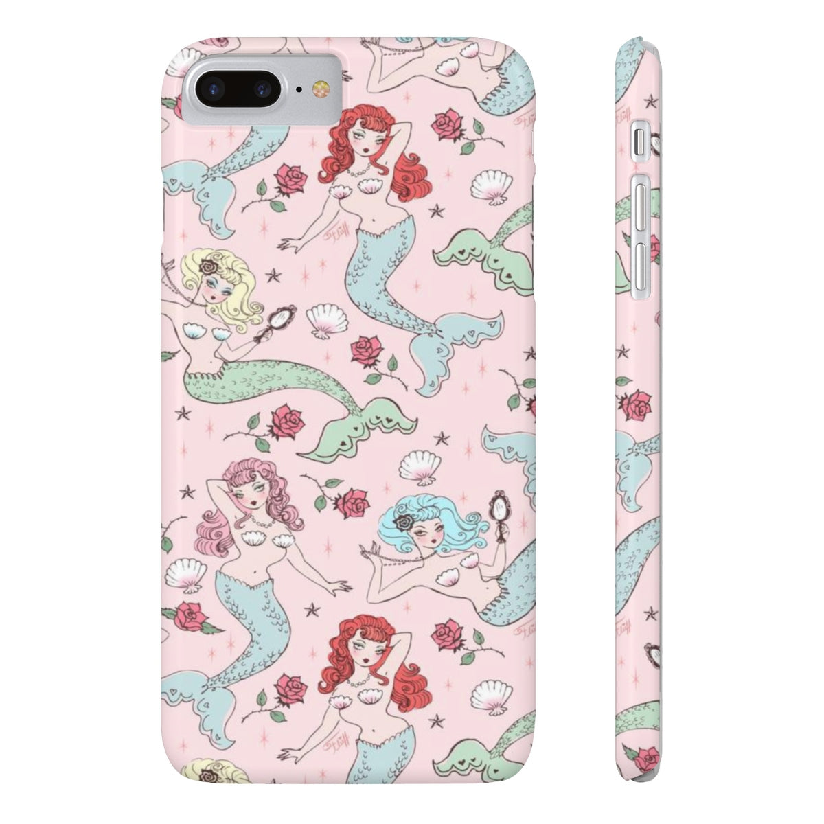 Mermaids and Roses on Pink • Slim Phone Case
