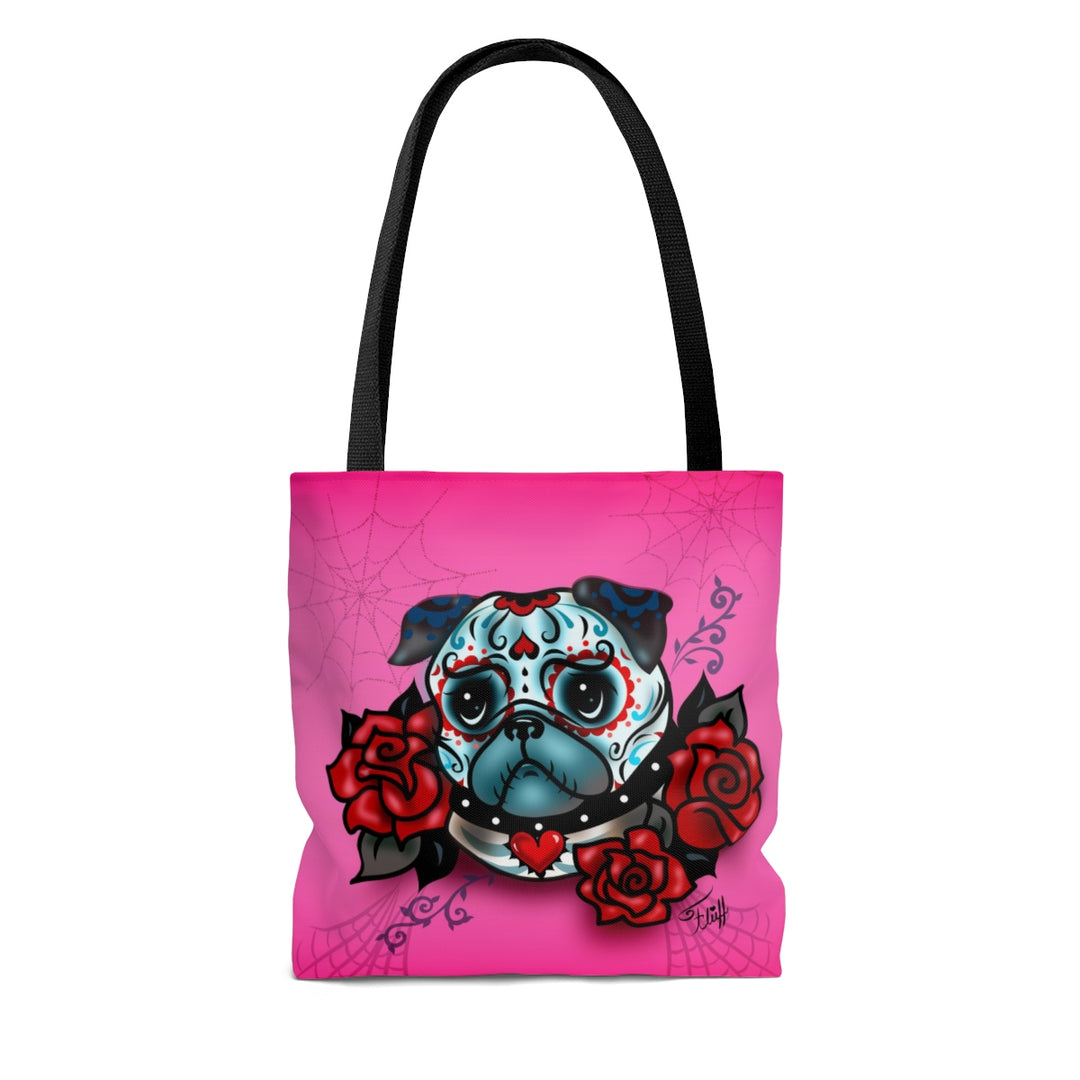 Sugar Skull Pug With Roses on Hot Pink • Tote Bag