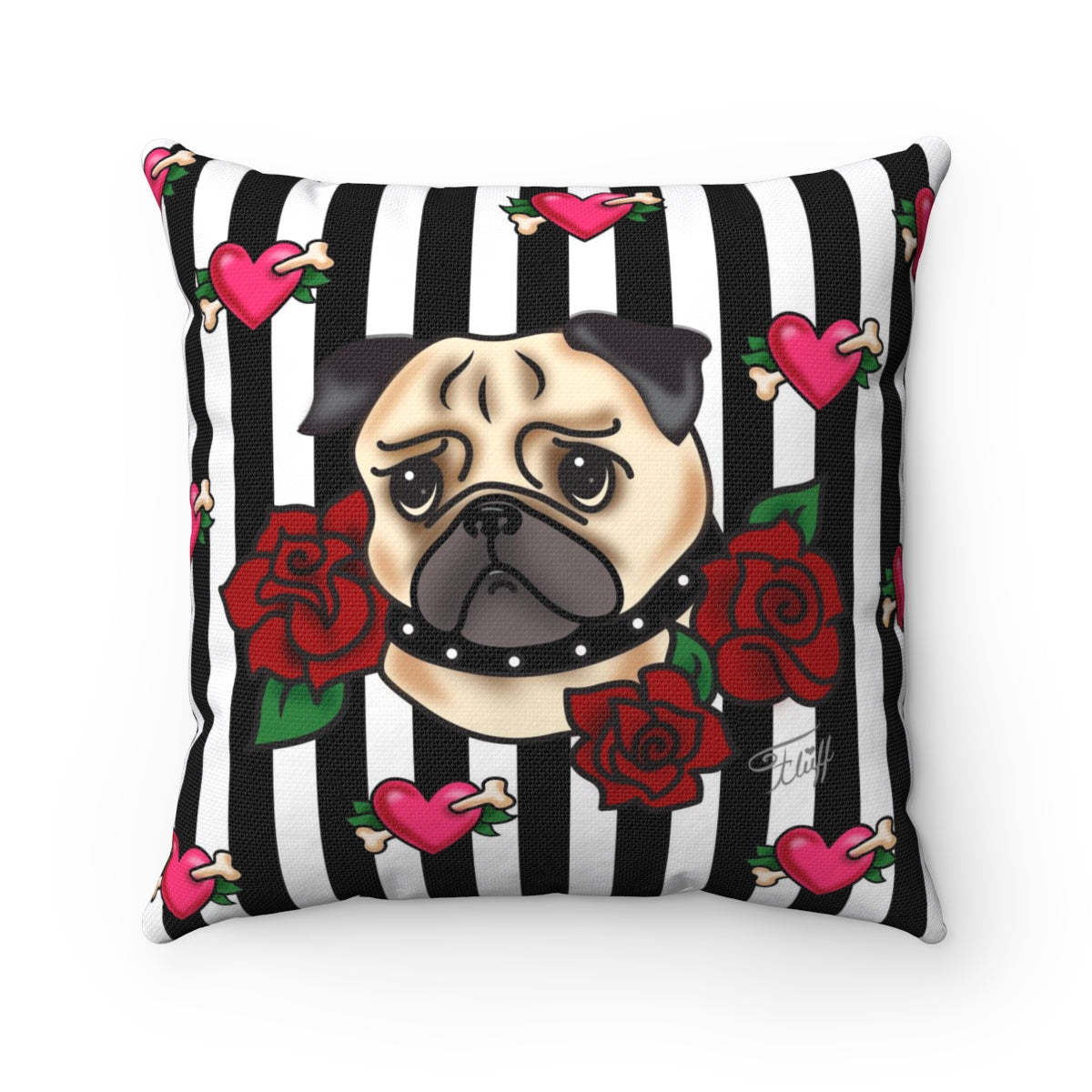 Tattoo Pug with Roses on Stripes  • Square Pillow