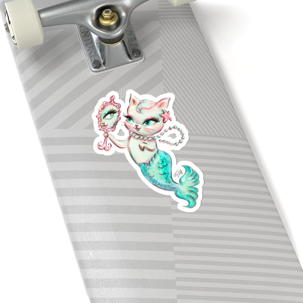 Merkitten with Mirror and Pearls Aqua • Kiss-Cut Sticker