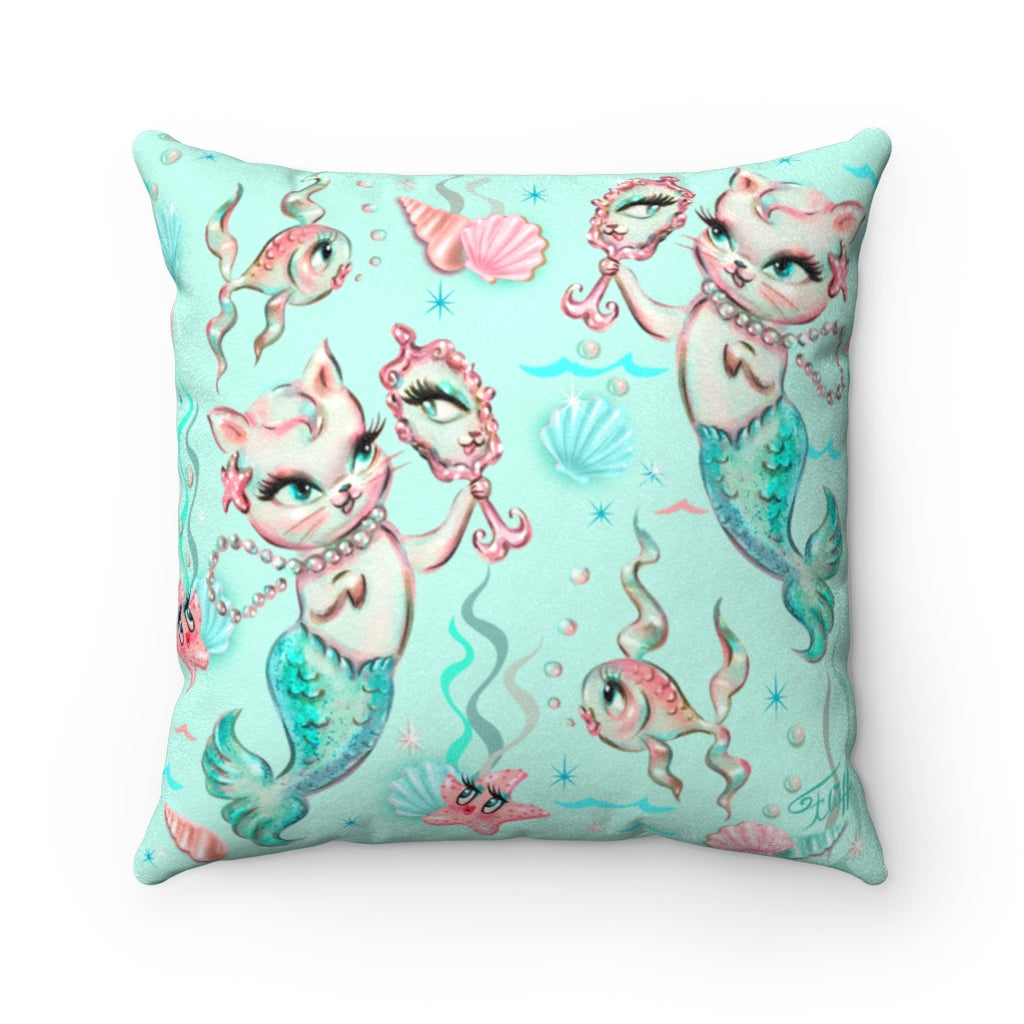 Merkittens with Pearls Aqua • Faux Suede Pillow