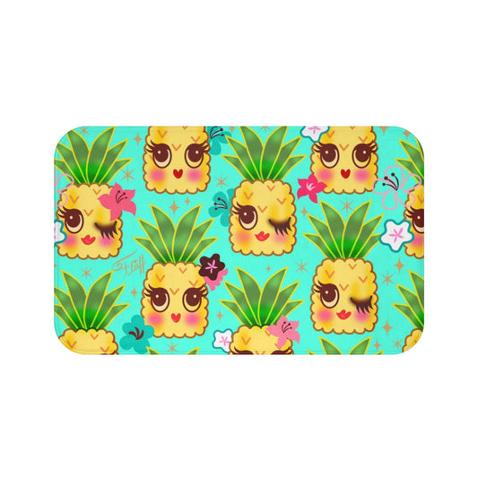 Happy Kawaii Cute Pineapples on Aqua • Bath Mat