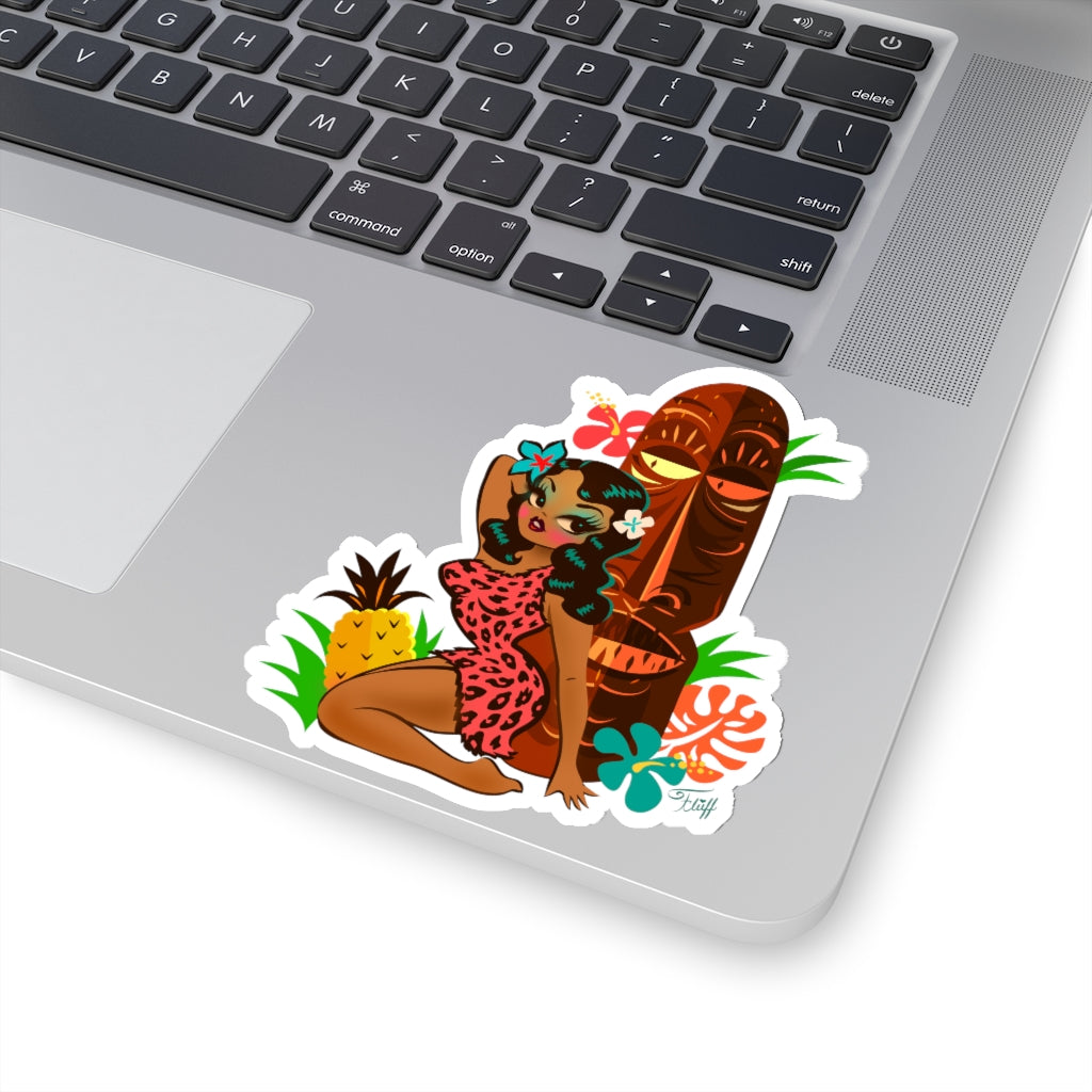 Tiki Temptress in Pink Leopard Print • Kiss-Cut Sticker with Pineapple