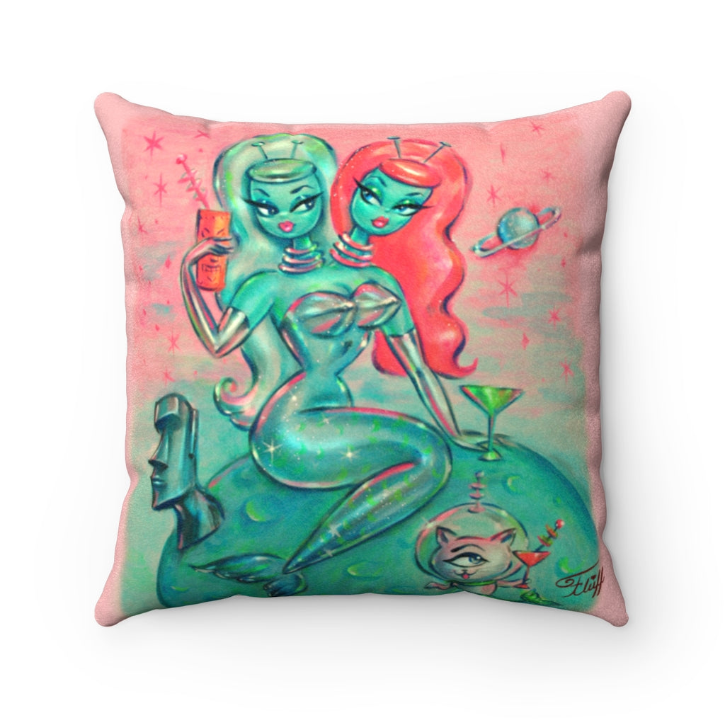 Two headed Alien Mermaid with Cyclops Kitty • Faux Suede Pillow