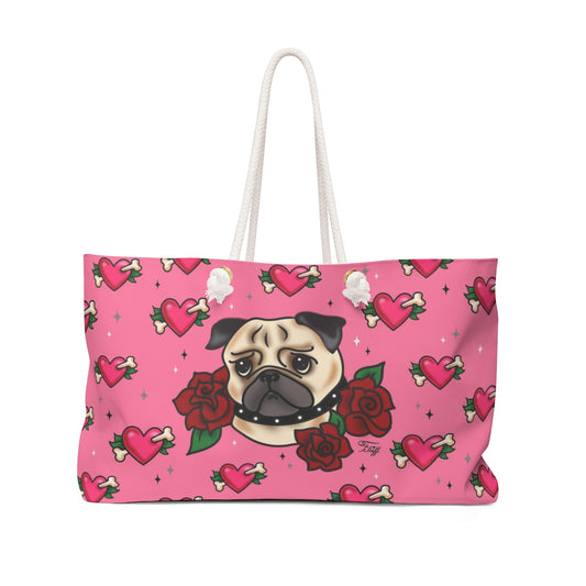 Tattoo Pug with Roses on Pink  • Weekender Bag