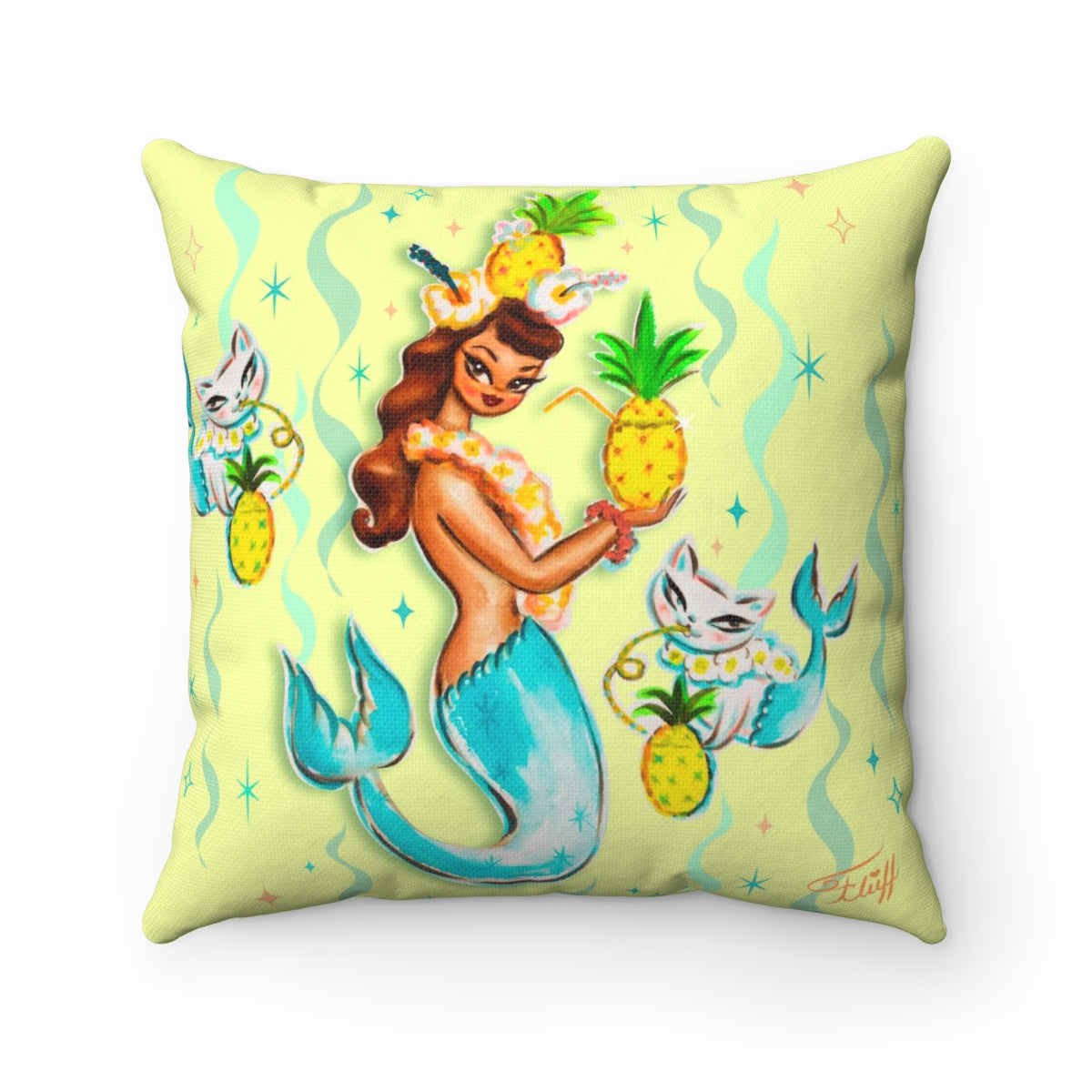 Tropical Pineapple Mermaid with Merkittens • Square Pillow