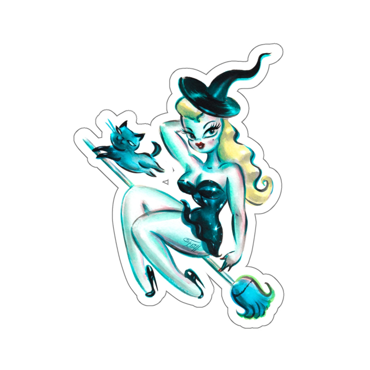 Blonde Witch with Kitty • Kiss-Cut Sticker